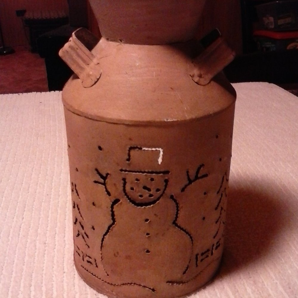 Vintage Metal Milk Can Punched Tin Snowman Luminary 50% OFF SALE